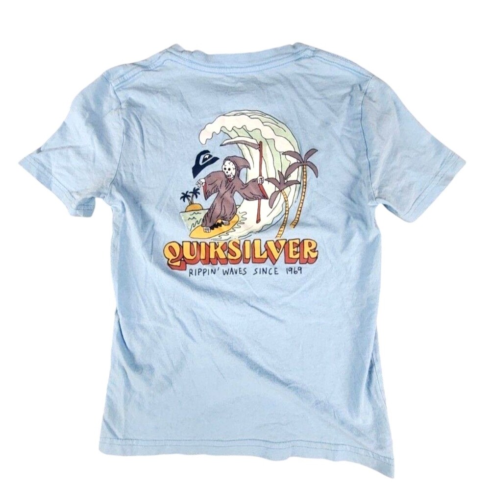 Quiksilver Shirt Boys 7 Blue Grim Reaper Surf Graphic Tee Rippin Waves Tagless